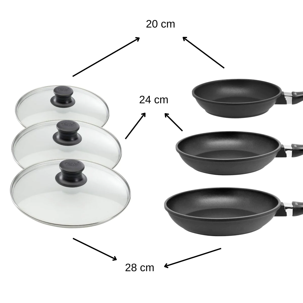 Ensemble de 3 poêles à frire et 3 couvercles en verre 20 cm 24 cm et 2