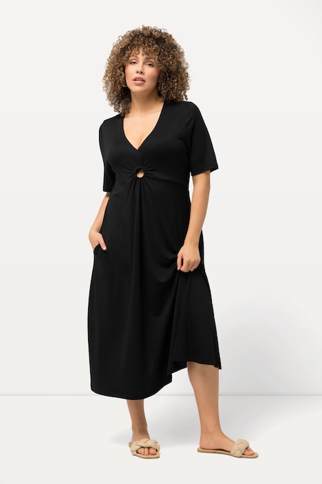 Jersey-Midikleid, A-Linie, V-Ausschnitt, Halbarm