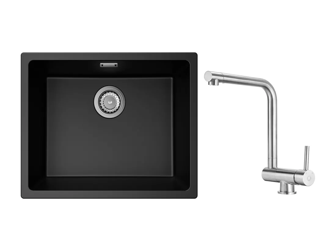 Evier 1 Bac en Quartz et Résine, 3 Options de Montage, 55*44*20cm + Mitigeur de Cuisine Rabattable Brossé
