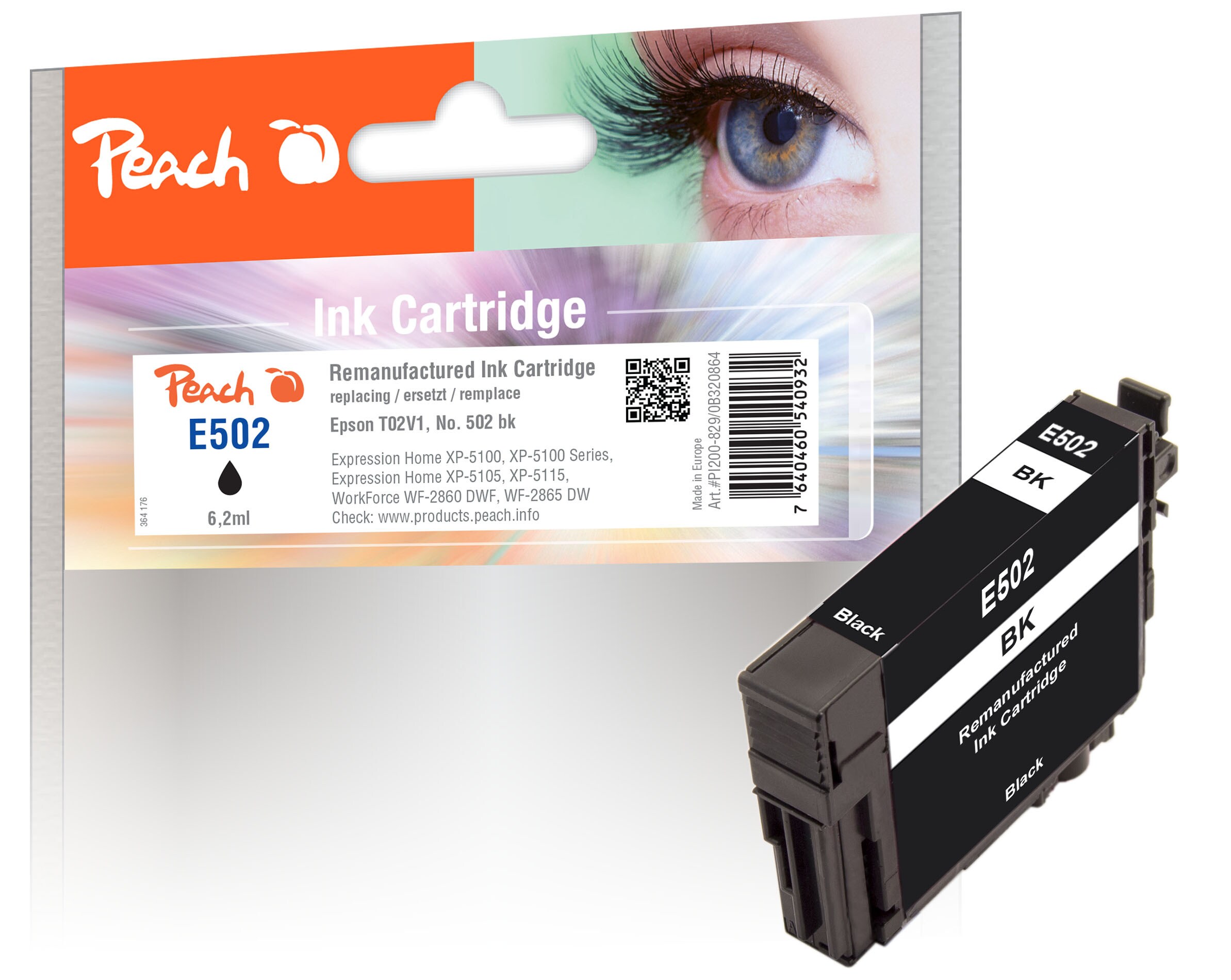 Peach E502 BK Druckerpatrone bk ersetzt Epson No. 502BK, C13T02V14010 für z.B. Epson Expression Home XP -5100, Epson Expression Home XP -5105 (wiederaufbereitet)