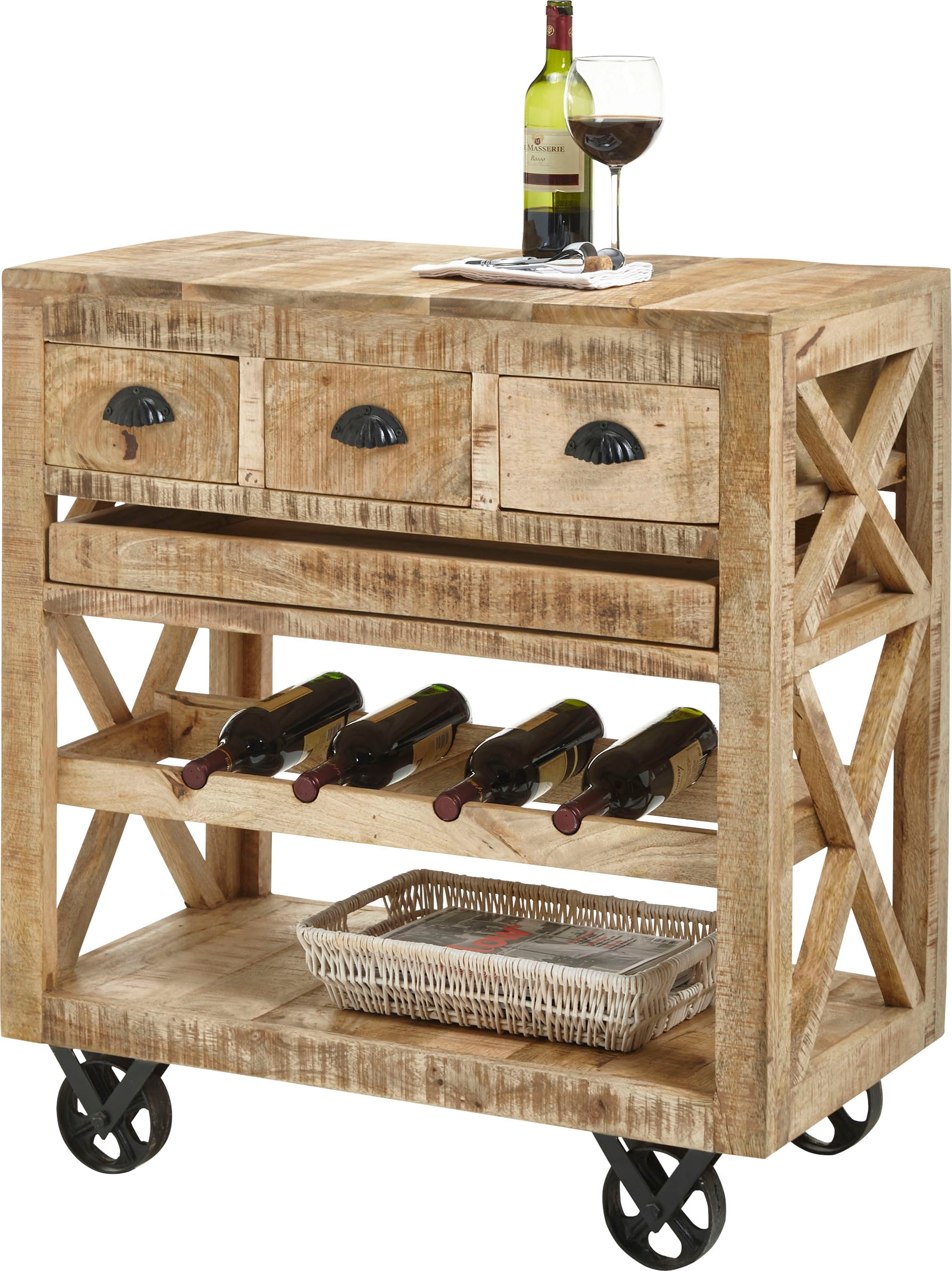 Stolkom Bartisch »Ferdi« Massivholz, Barwagen rollbar inkl. Tablett