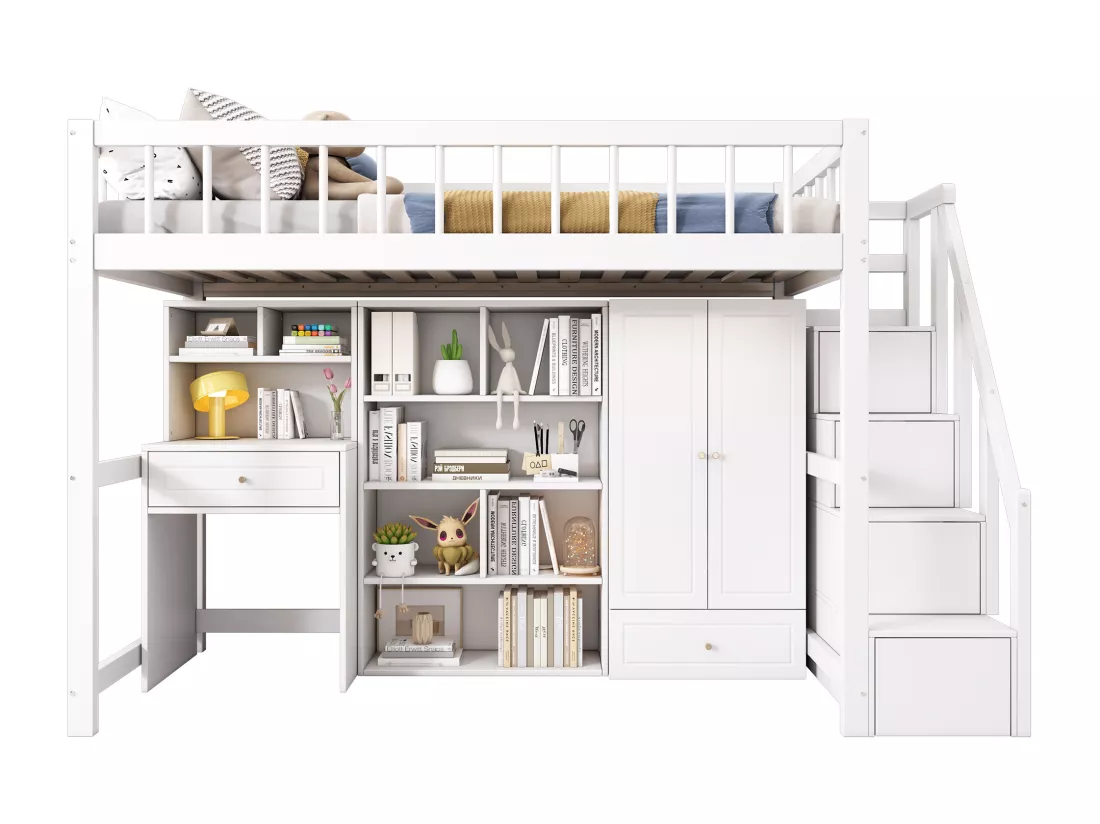 Lit mezzanine 90 x 200 cm avec bureau, étagères et armoir - bois massif - blanc