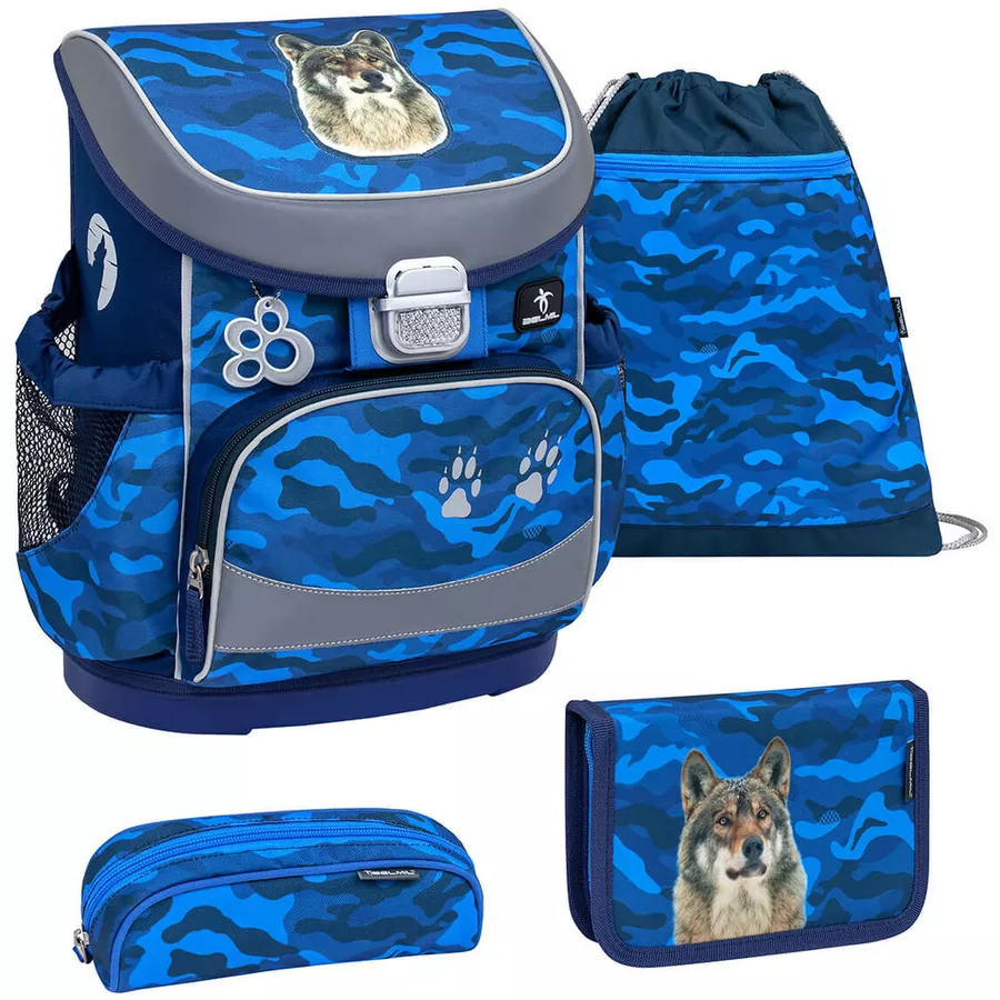 Belmil Schulranzen Mini Fit Schulranzen Set 4-teilig mit Brustgurt Alpha Wolf