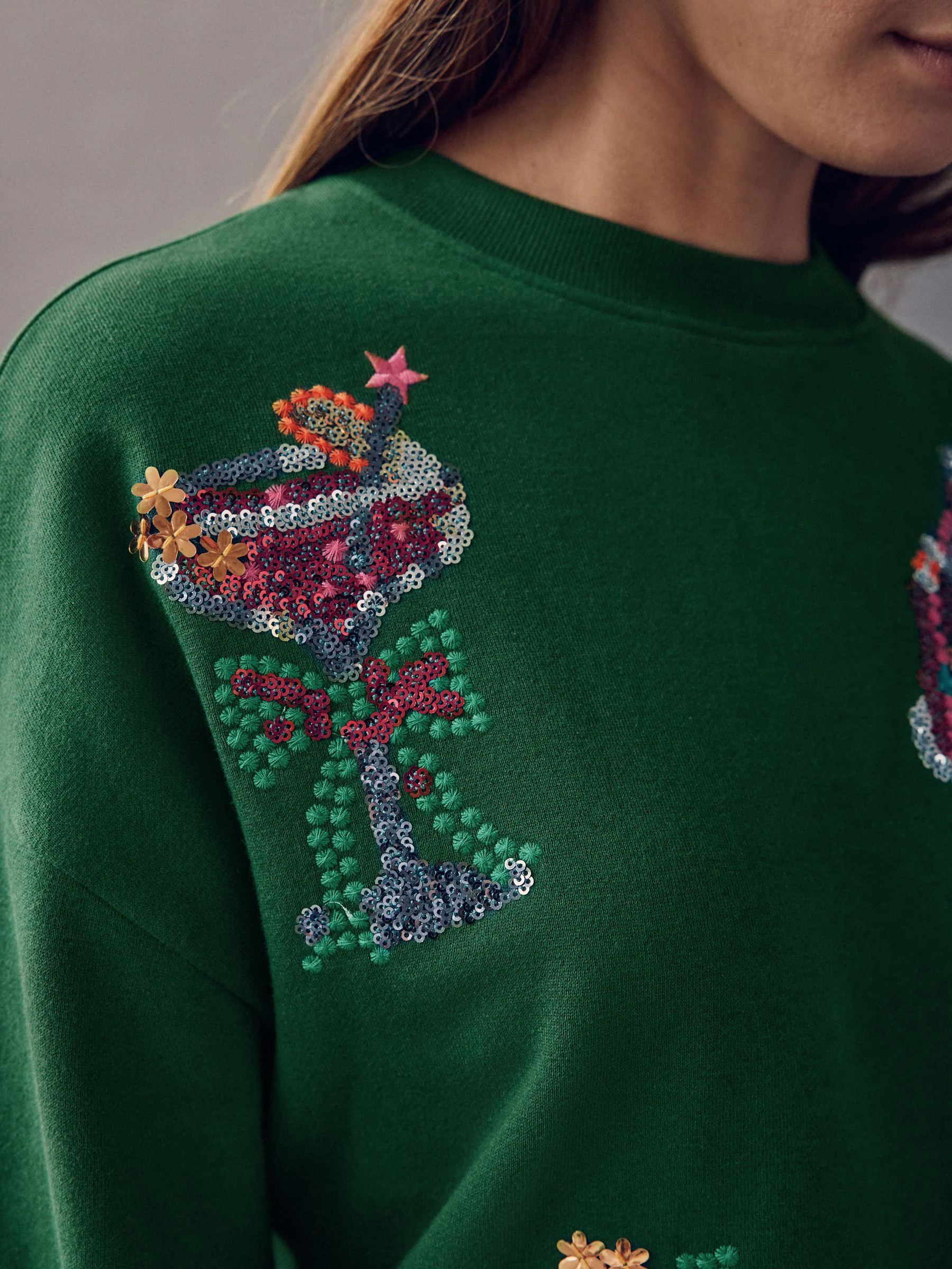 Donkergroen - Seizoensgebonden Graphic Kerstmis Food Sequin Geborduurd Longsleeve Crewneck Sweatshirt