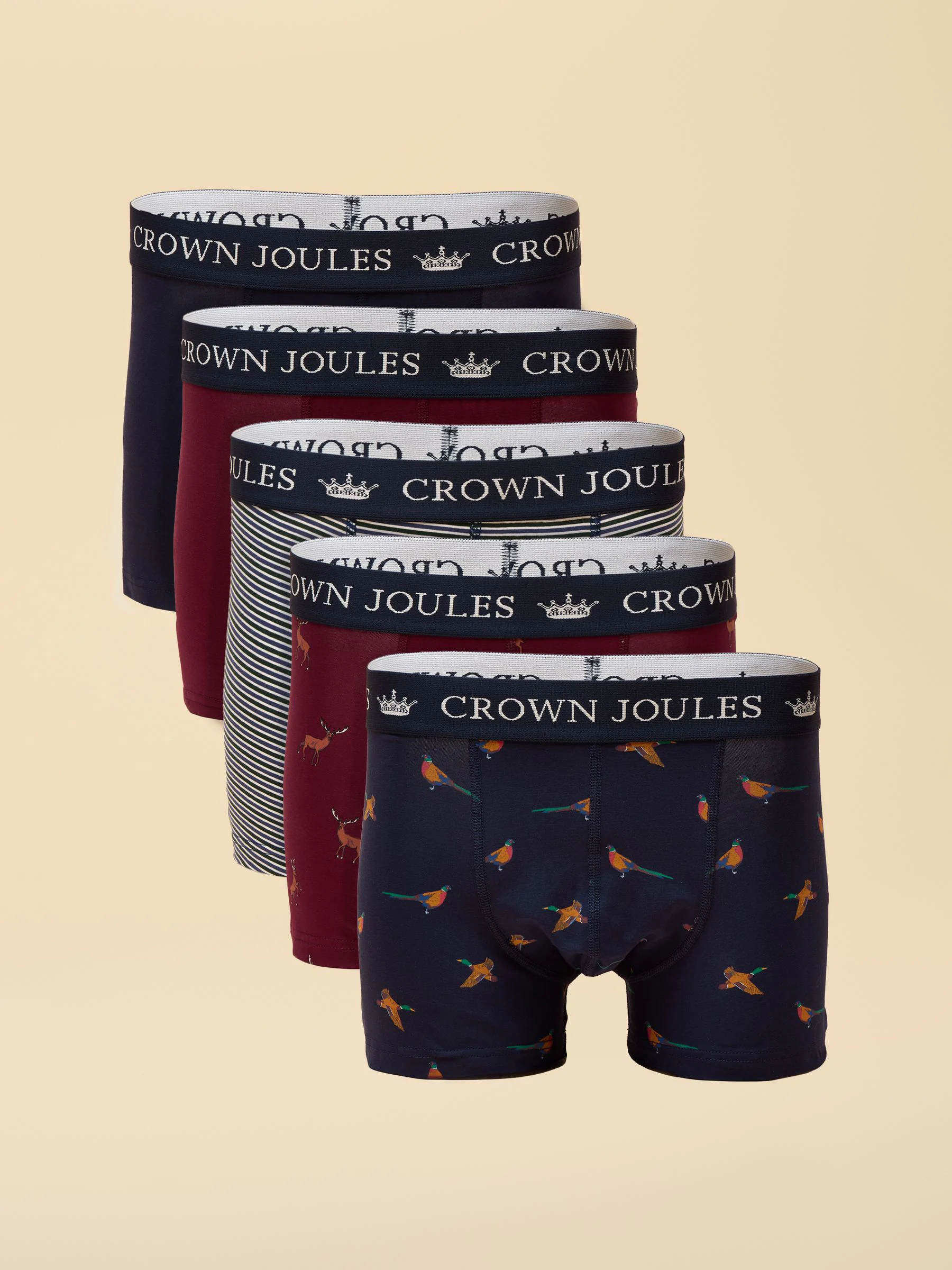Marineblauw en bordeauxrood - Joules Crown Joules Cotton Jersey Boxer Shorts - Verpakking van 5