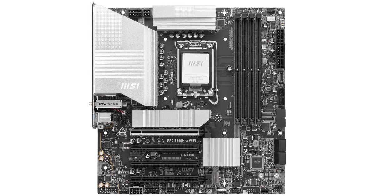 MSIPRO B860M-A WIFI socket 1851 moederbord  (zilver, RAID, 5Gb-LAN, Wi-Fi 7, BT, Sound, µATX)