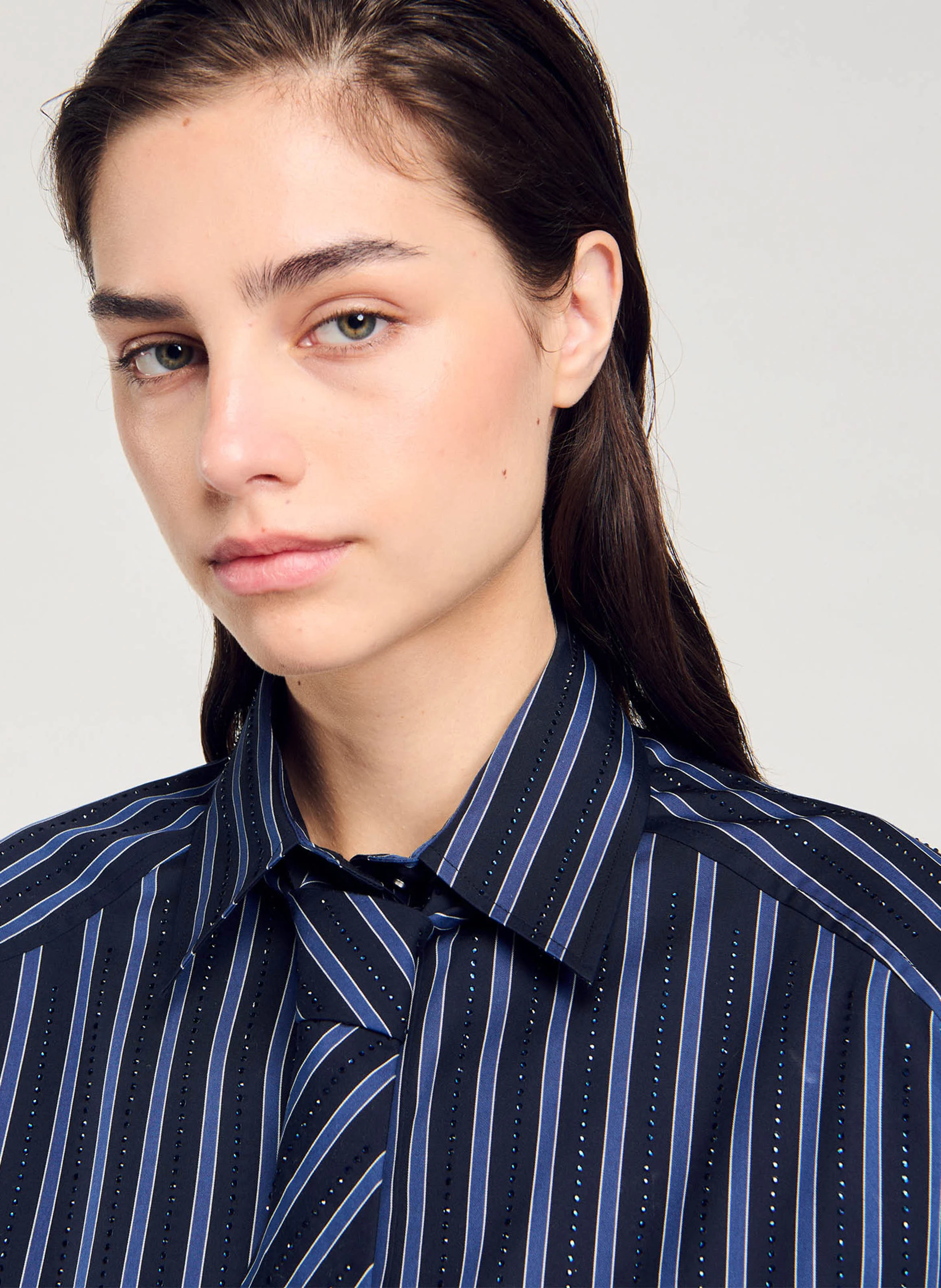Chemise ample en coton strassé à cravate | Bleu