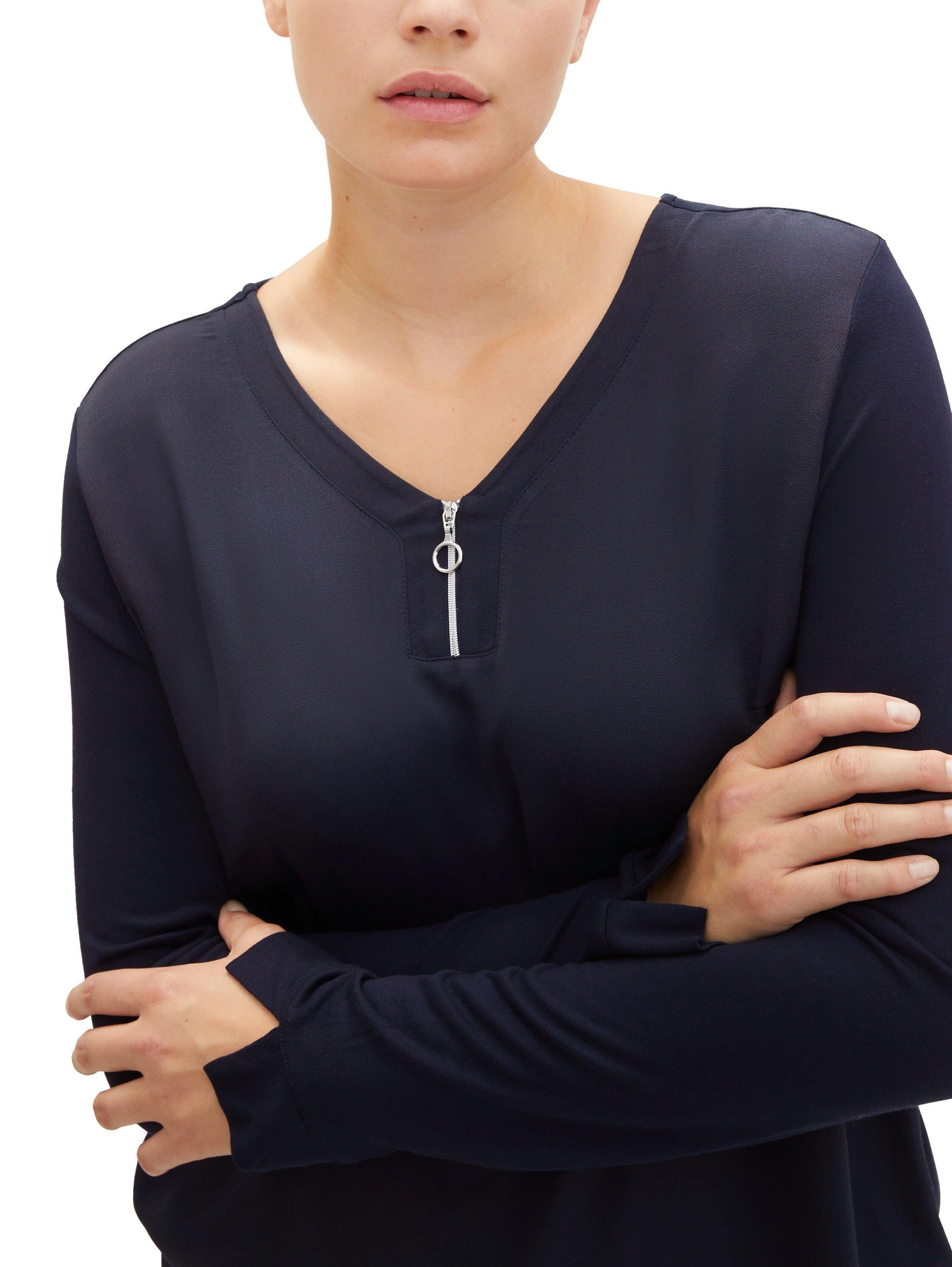 Langarmshirt mit Zipper am V-Ausschnitt