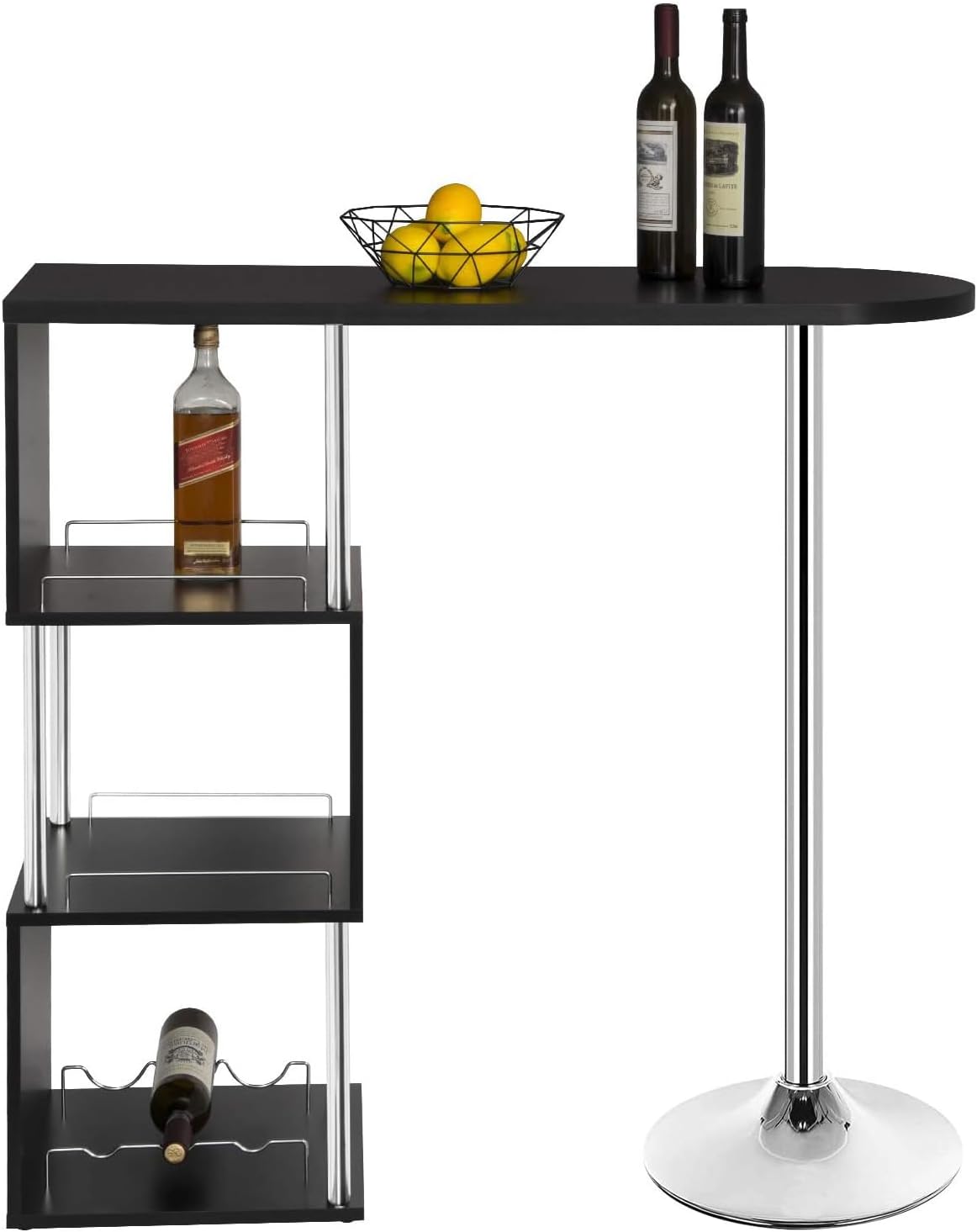 WOLTU S-förmiger Bartisch mit Stauraum, Stehtisch mit Weinregale, Bistrotisch aus Metall & Holz, Bartheke Tresentisch für Küche Bar Wohnzimmer, 113 x 40 x 105cm, Schwarz