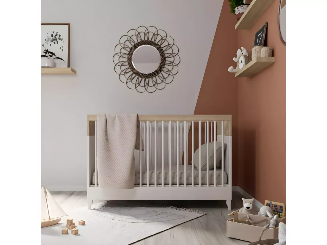 Lit bébé 70x130 cm panneaux de fibres blanc et bois DIXIE
