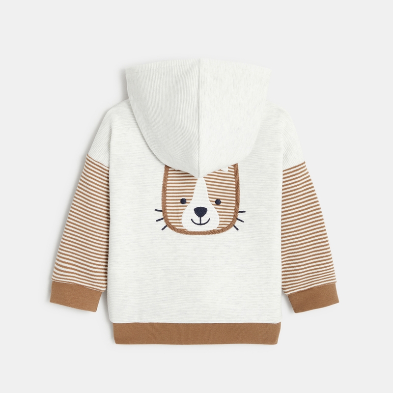 Sweat zippé effet côtelé chat brodé blanc bébé garçon