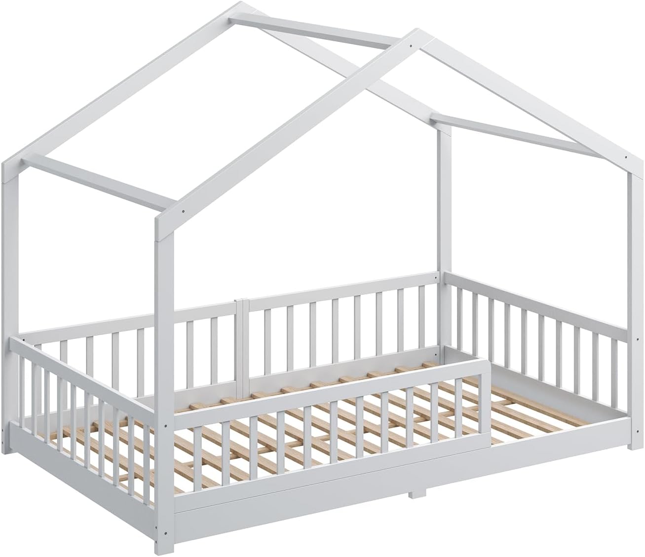 CADANI Malte Kinderbett 120x200 cm – Hausbett mit abnehmbarem Rausfallschutz, bis 200 kg belastbar, Roll-Lattenrost, Montessori Bodenbett aus Massivholz Kiefer, Weiß