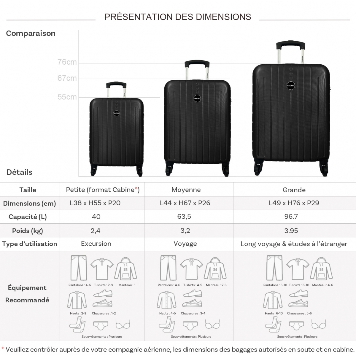 Cactus Lot 3 valises dont 1 valise cabine rigides  Cactus ABS