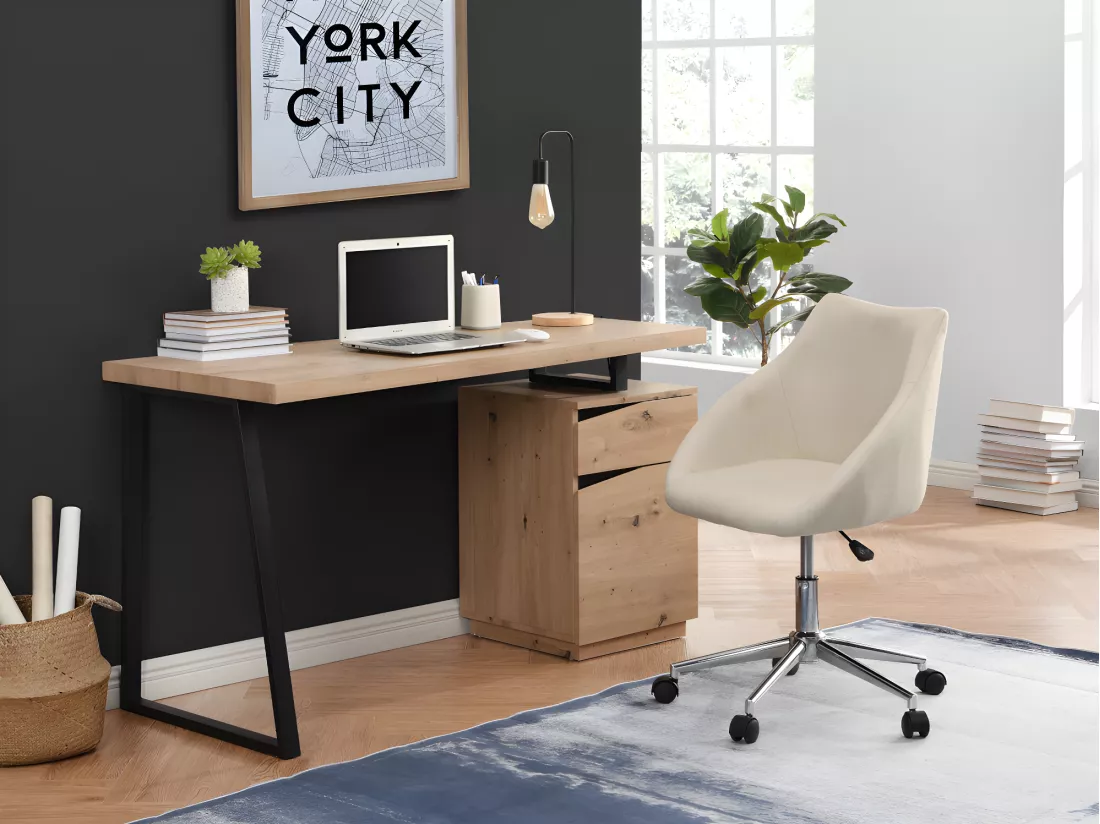 Bureau GOTAMA - 1 tiroir et 1 porte - MDF et acier - Chêne et noir