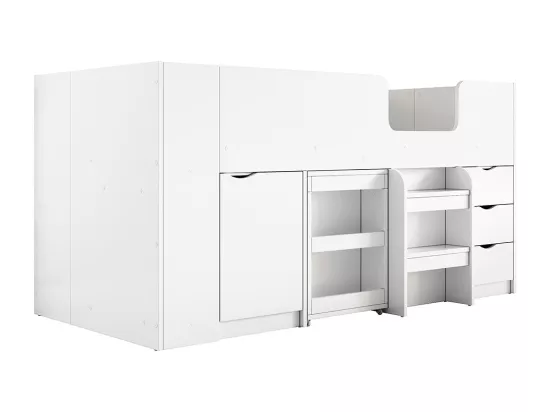 Lit en mezzanine, 90*200 Lit d'enfant avec échelle, bureau, armoire amovible, tiroirs, blanc