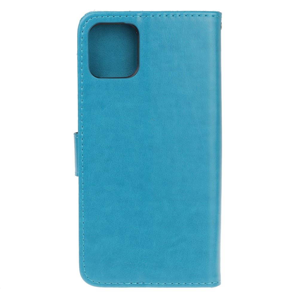 iPhone 12 / iPhone 12 Pro Leder Tasche Flip Cover Schmetterlinge und Blumen - Blau