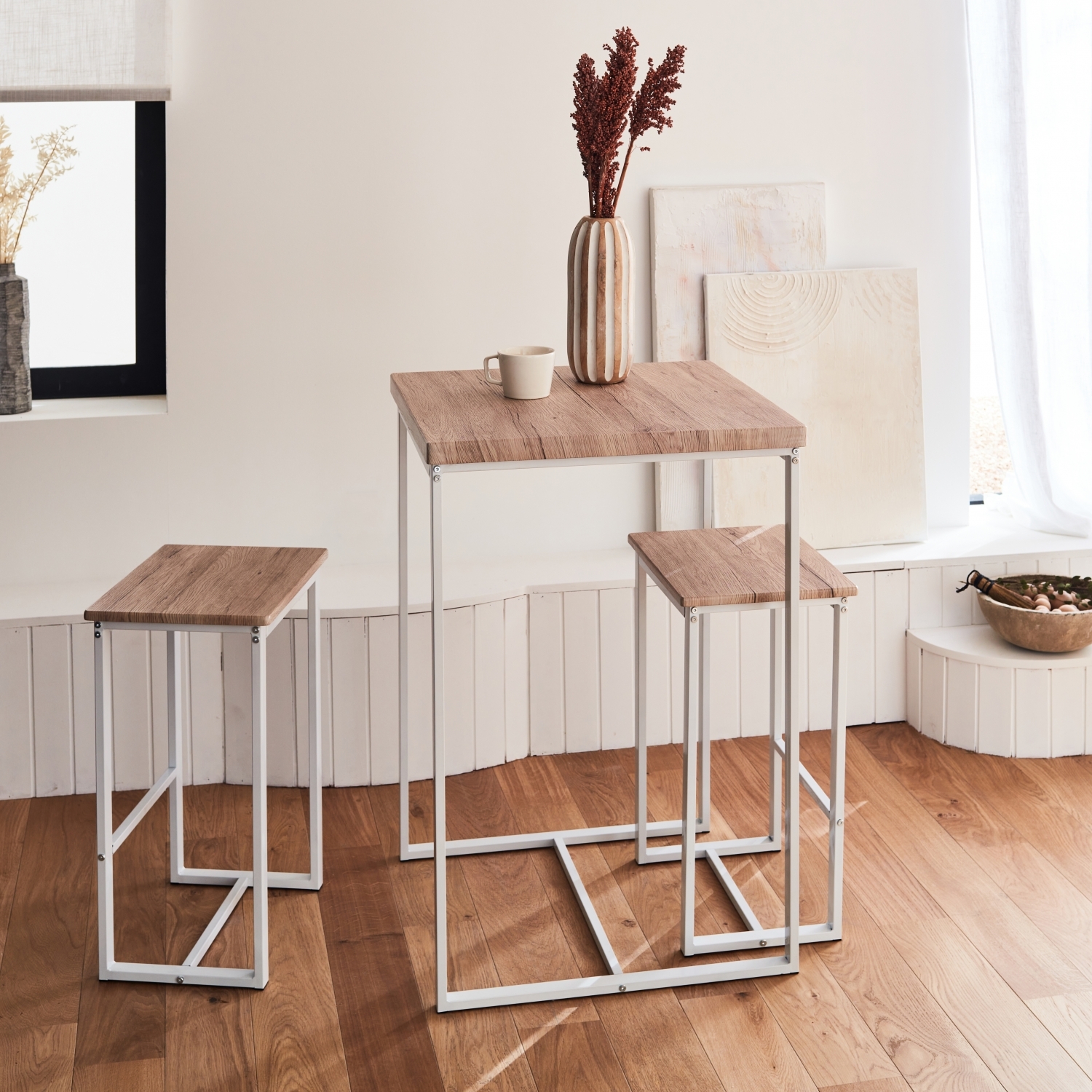 Set table haute carré - loft - avec 2 tabourets de bar. Acier et décor bois. Encastrable. Design