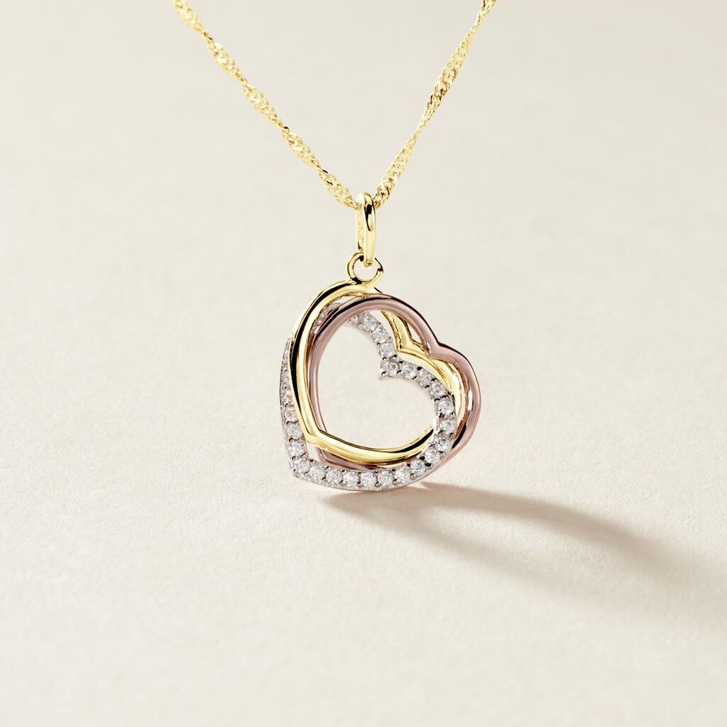 Pendentif Coeur Penche Double Or Bicolore Oxyde De Zirconium