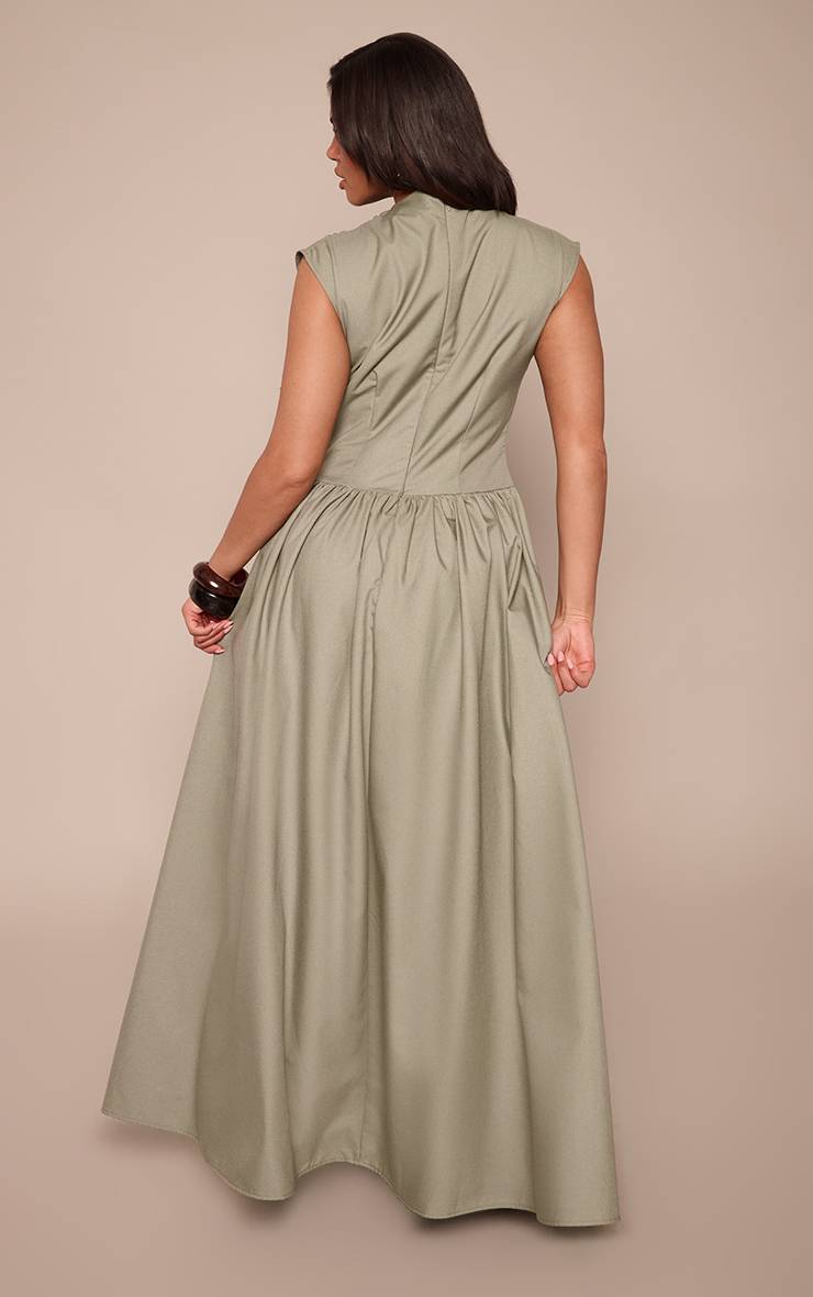 Vert Olive Robe Longue Droite Cintrée À Col Montant Et Corset En Tissu Tissé