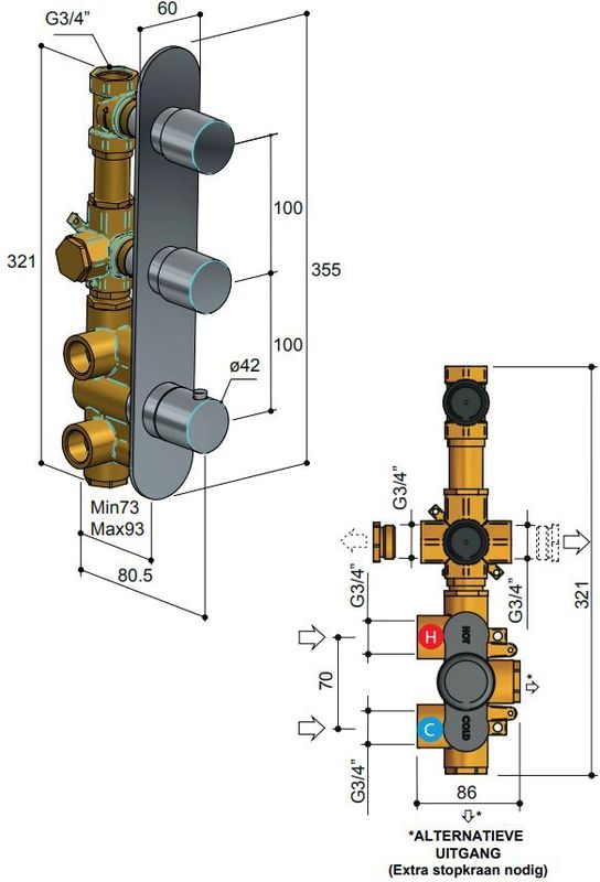 Hotbath - Buddy - Douchethermostaat - Chroom - Inbouw - 2 Stopkranen