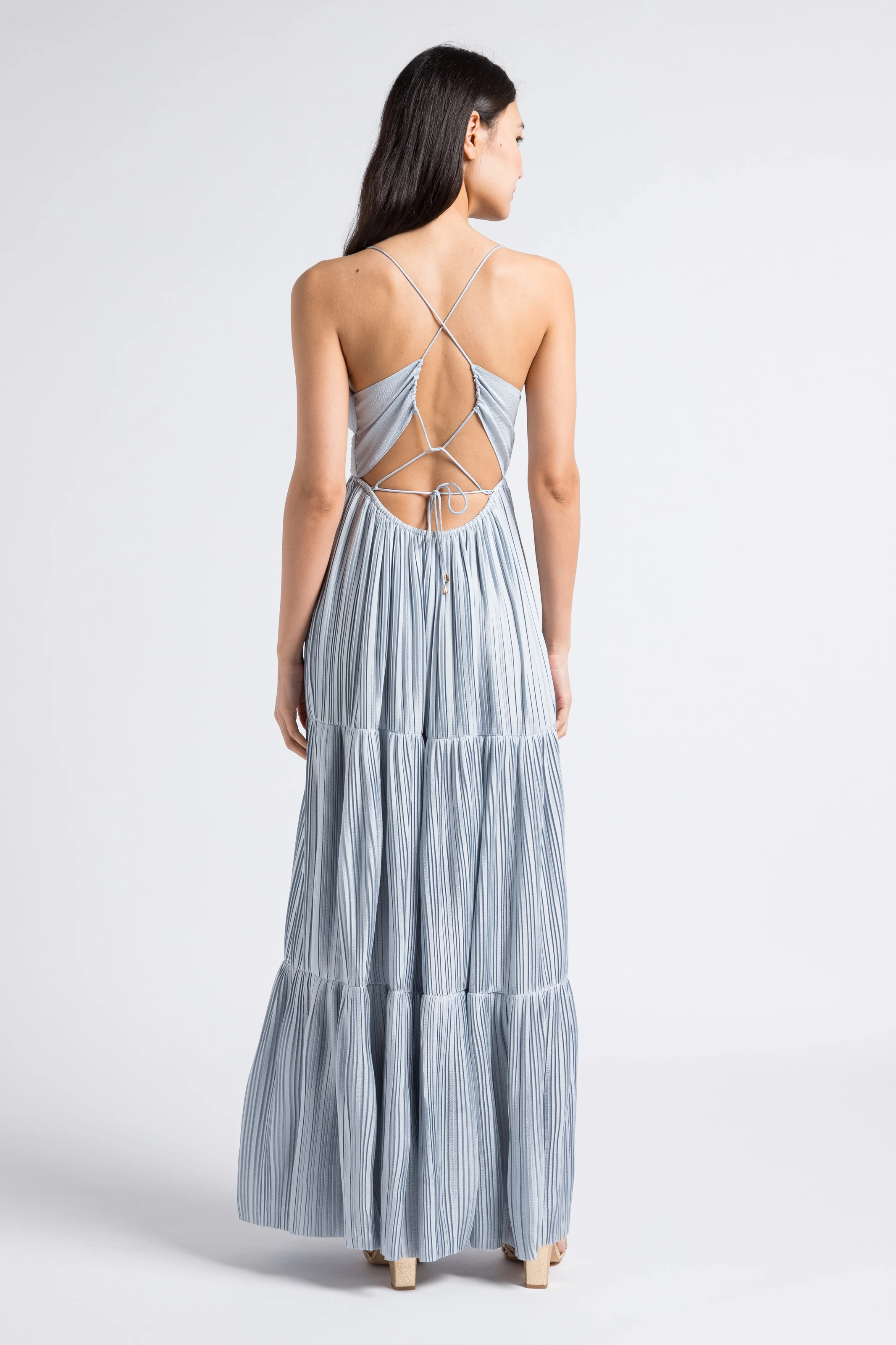 WASTA - Robe longue col V plissée | Bleu