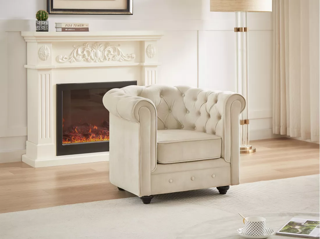 Fauteuil en velours beige CHESTERFIELD