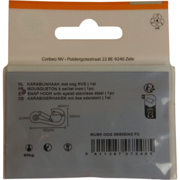 Ledent karabijnhaak gesloten oog RVS 60mm