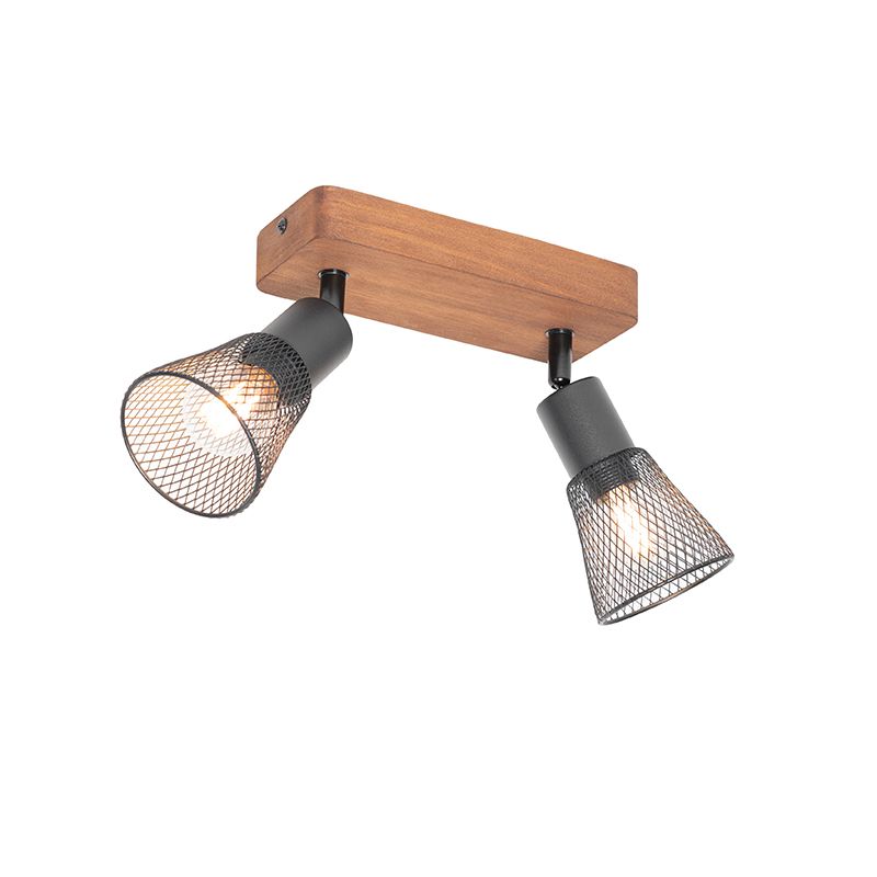 Industriële spot zwart met hout 2-lichts - Kristina