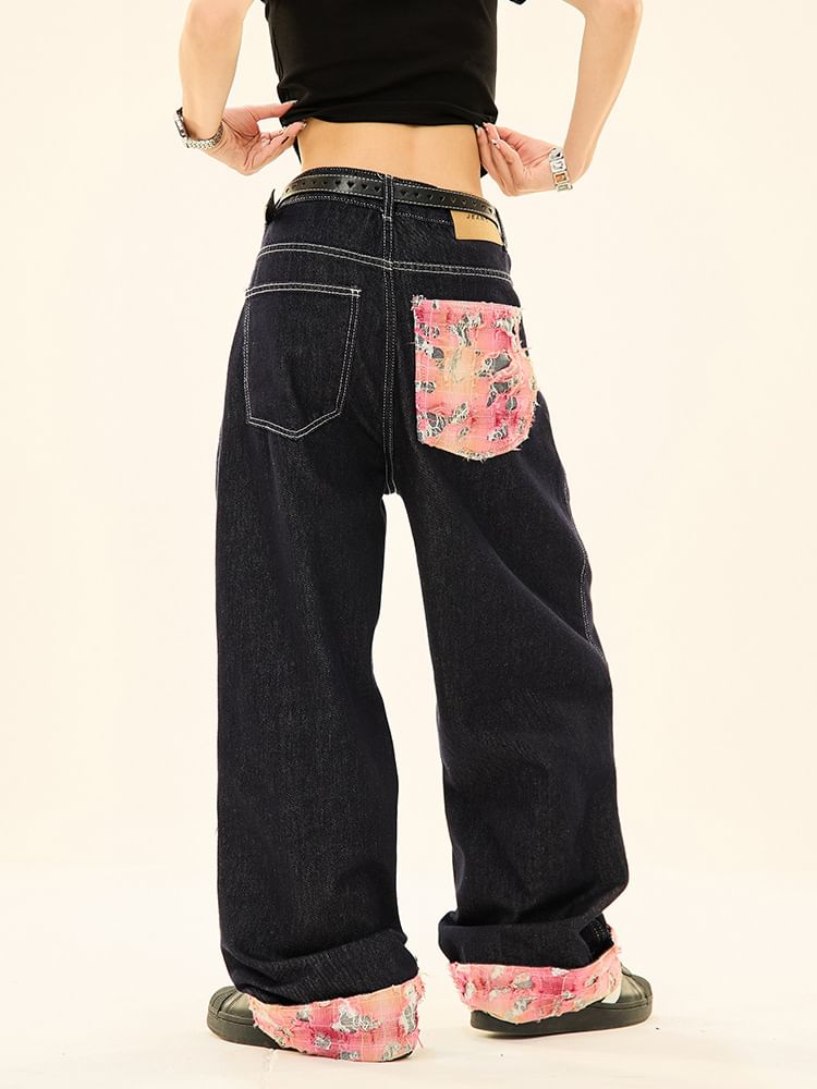 Rosesand - Lage taille jeans met geborduurde letters en gewassen kantpaneel, losse pasvorm en wijde pijpen