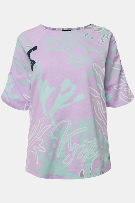 T-Shirt, Korallen-Print, Rundhals, Halbarm mit Raffung