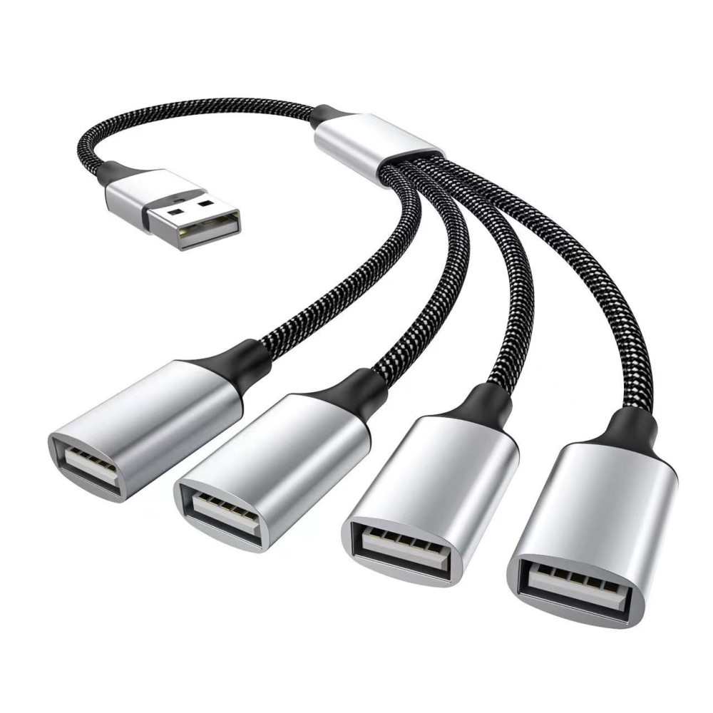 (30cm) USB auf 4-fach USB 2.0 Lade und Daten Adapter OTG Splitter Stecker mit Nylon Kabel (480 Mbit/s) - Silber