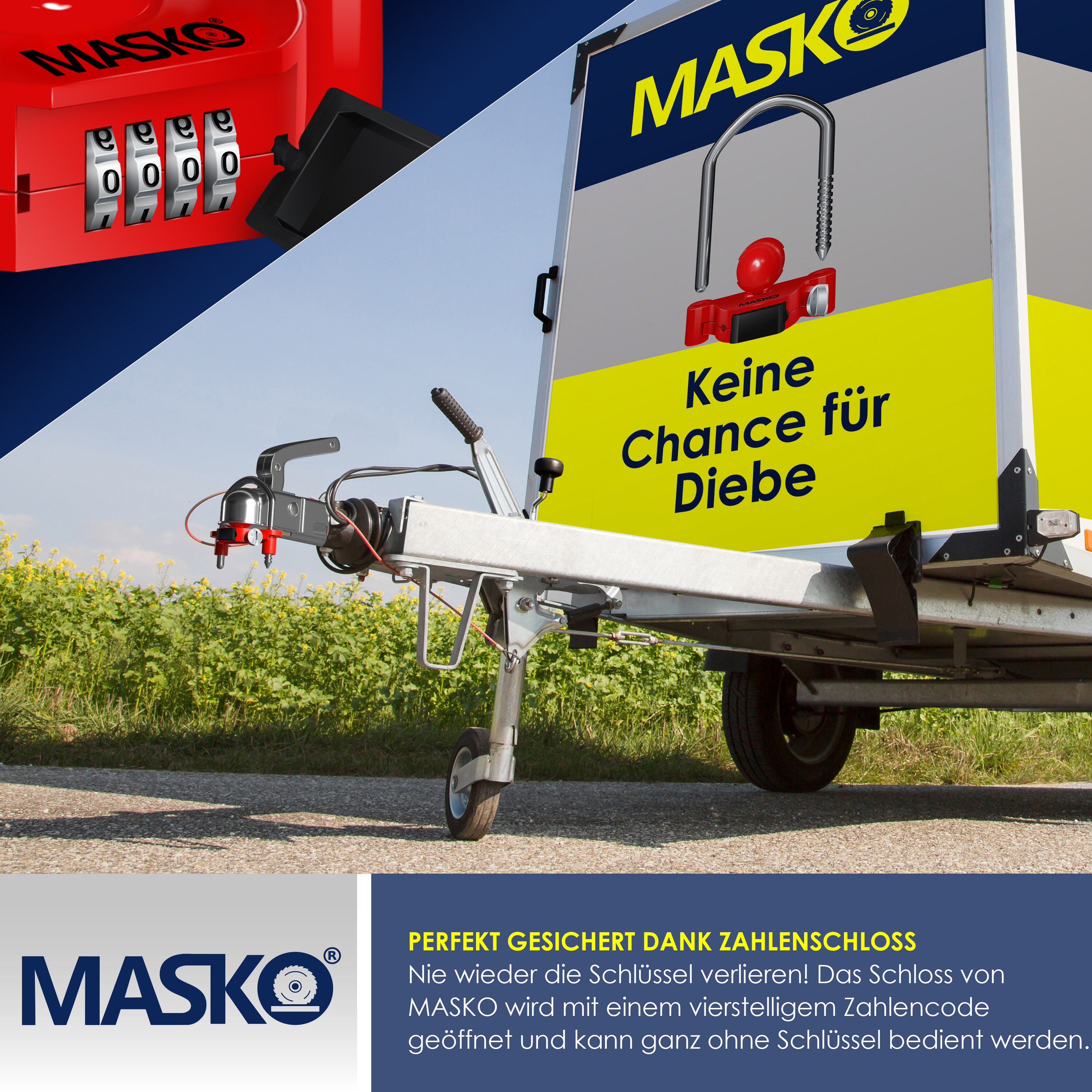 MASKO® Anhängerschloss Zahlenschloss mit 4 Stellig Code für gängige Anhängerkupplung Anhängerkugelsperrkupplung einfache Montage Diebstahlschutz Wohnwagen Anhänger Abschleppsperre Stahlbügel
