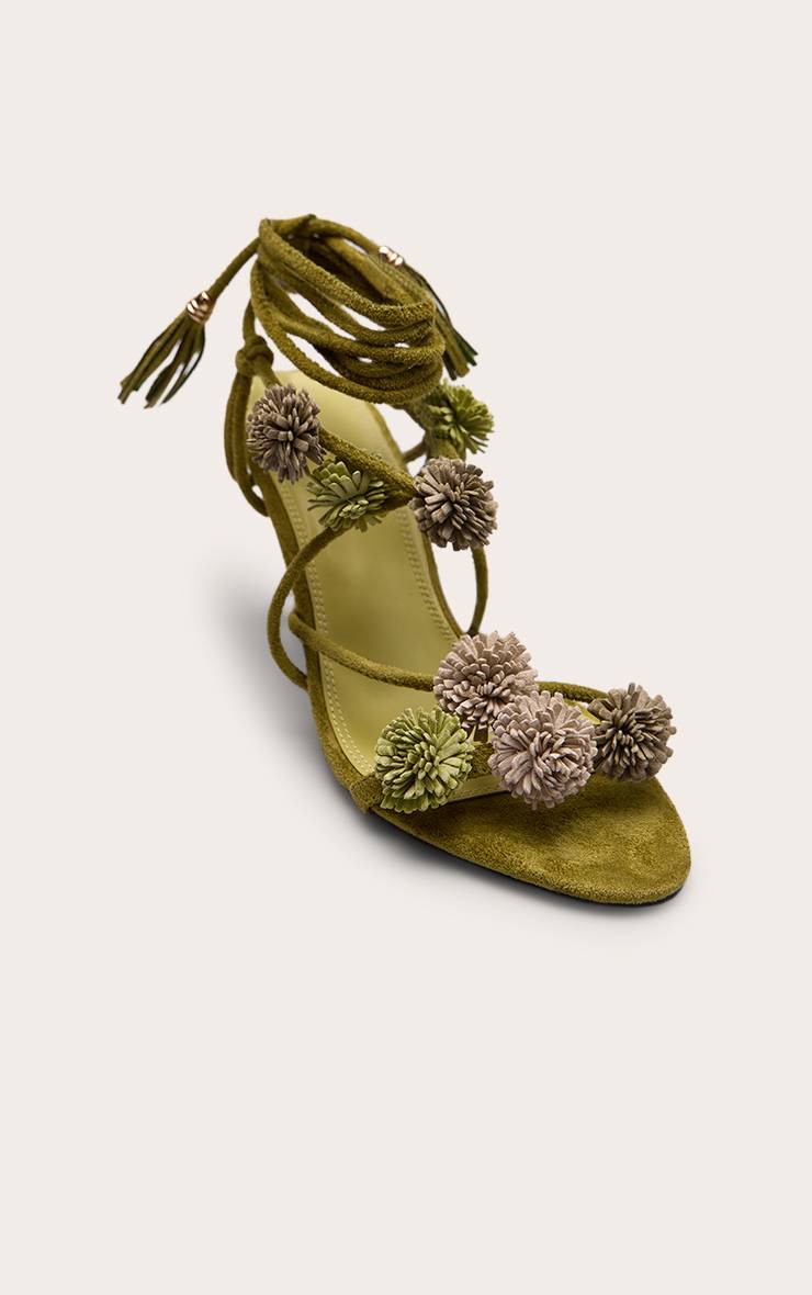 Vert Olive Sandales À Talons En Synthétique Avec Pompons Et Lacets