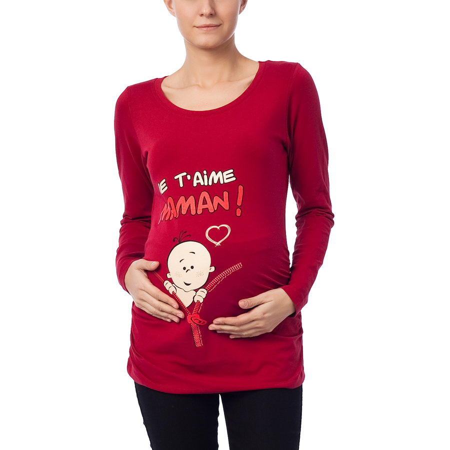 M.M.C. Umstandslangarmshirt Je t’aime maman mit Motiv Weinrot