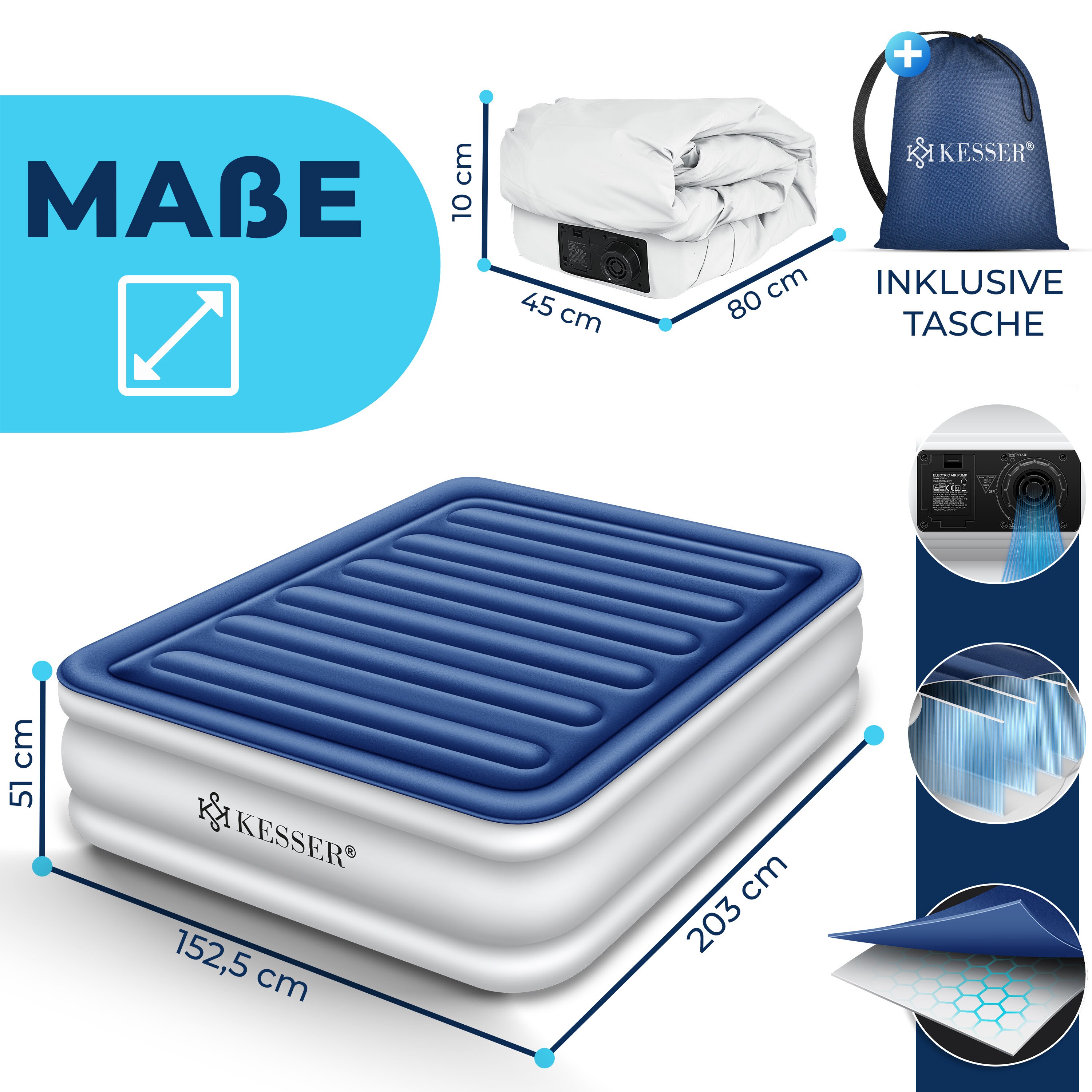 KESSER® Aufblasbare Matratze Luftbett mit eingebauter elektrischer Pumpe integrierte erhöhte aufblasbare Matratze für Übernachtungsgäste mit Aufbewahrungstasche