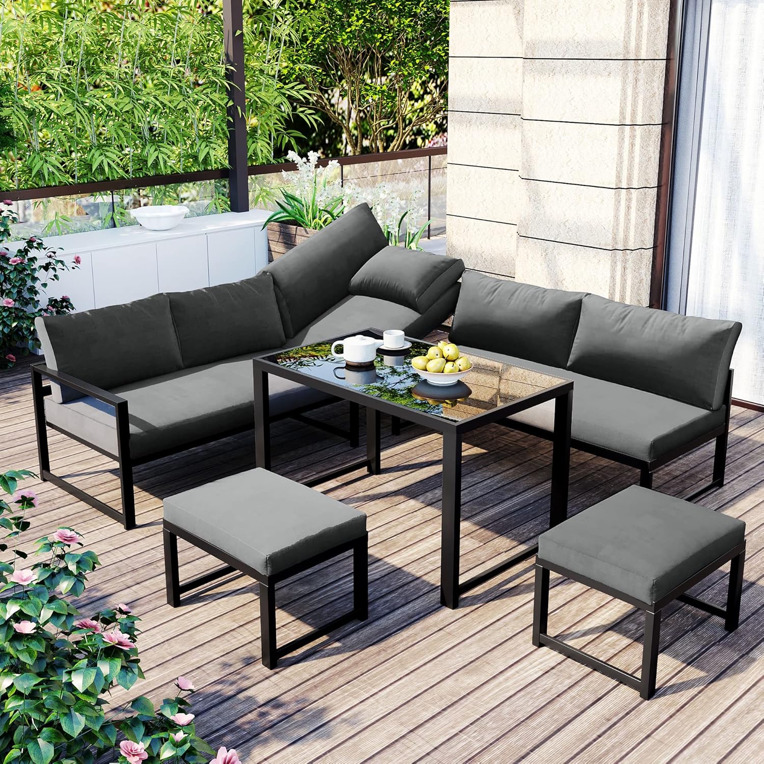 Merax Gartenlounge-Set 7 Sitzplätze, Garten-Freizeittisch- und Stuhlset,Aluminium Sitzgruppe für Garten Balkon, mit Vierter Gang verstellbare Rückenlehne, Tisch mit Sicherheitsglasplatte,Grau