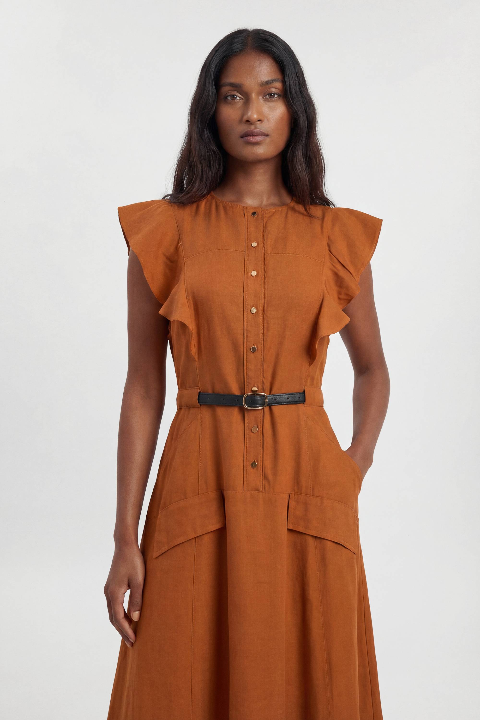 KarenMillen Robe Midi Tissée Col Licou En Viscose Et Lin Petite