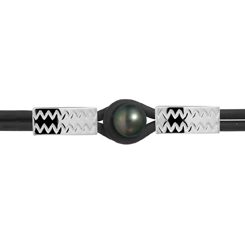 Bracelet Homme-Femme Vagues Néoprène Noir, Perle de Tahiti Noire de 10 mm et Argent Massif 925/1000