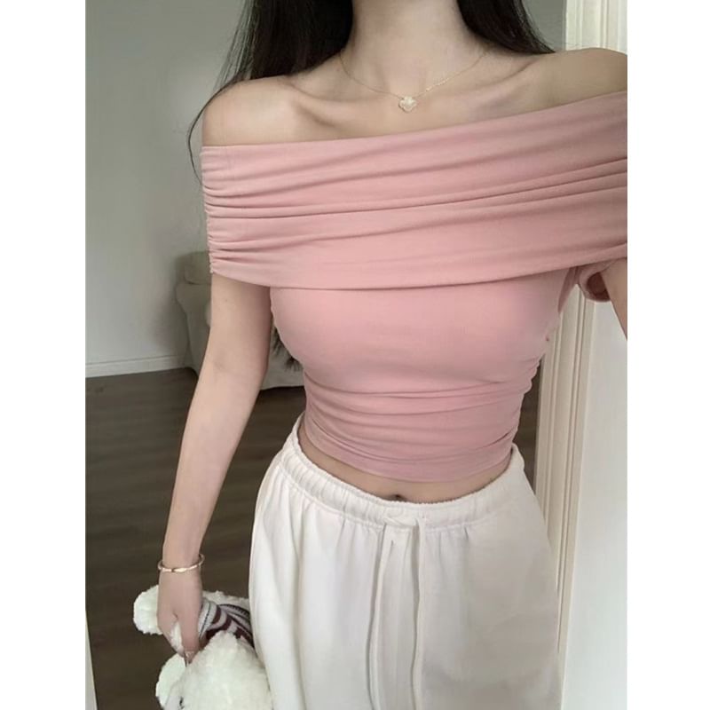 HYAKU - Off-shoulder korte mouwen effen crop top