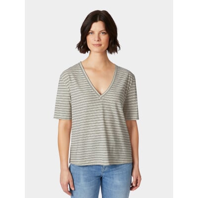 Damen-T-Shirt V-Ausschnitt, Creme-Schwarz