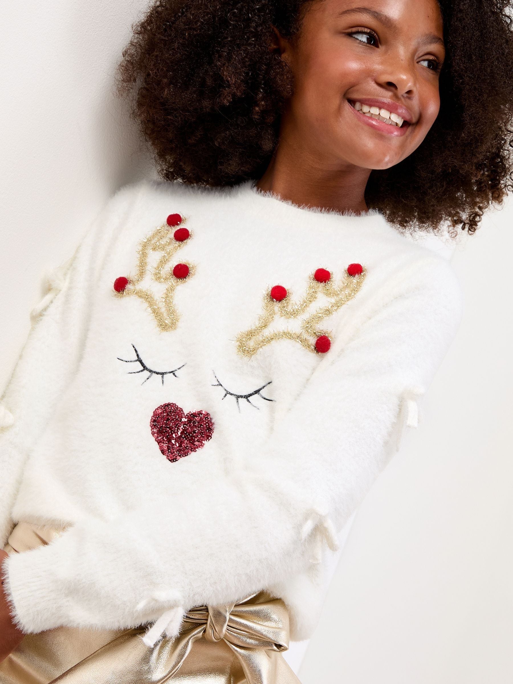 Crèmekleurig met rendier - Lipsy - Kersttrui met ronde hals (5-16jaar)