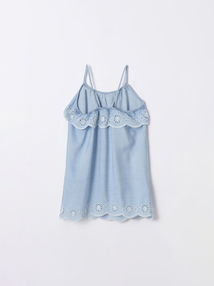 Vestido jeans leve com bordado suíço - Azul/branco