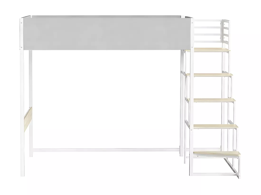 Lit mezzanine avec sommier + escalier en tissu gris clair, métal blanc et mélamine imitation chêne - grand couchage 140x190 cm - DOCKLAND