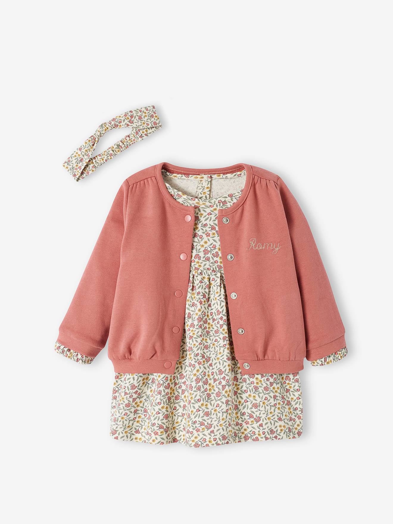 Conjunto de 3 peças com vestido + casaquinho + faixa de cabelo, para meninas, na cor rosa antigo.
