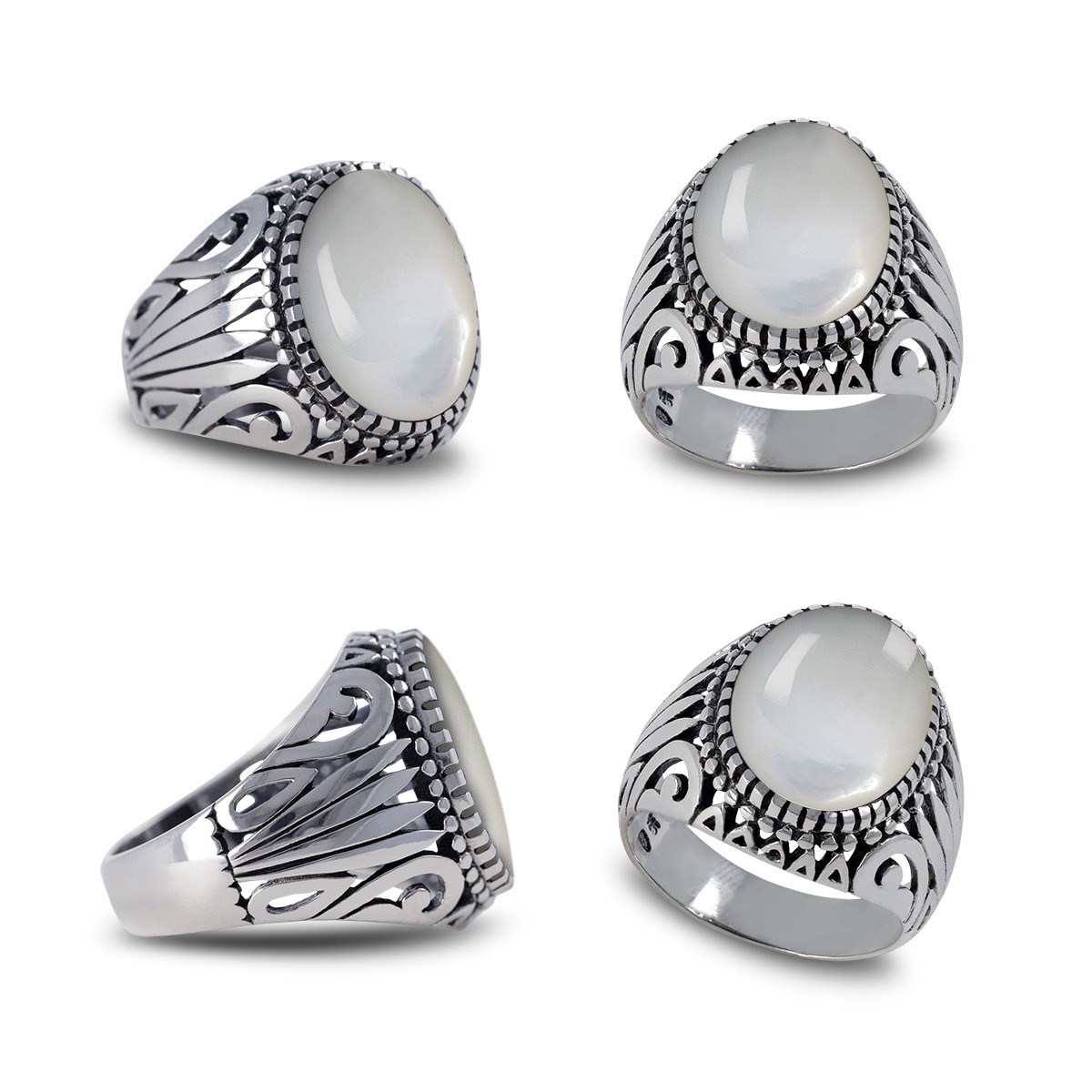 Bague Homme Stylisée en Argent Massif Vieilli avec Pierre Blanche | Aden