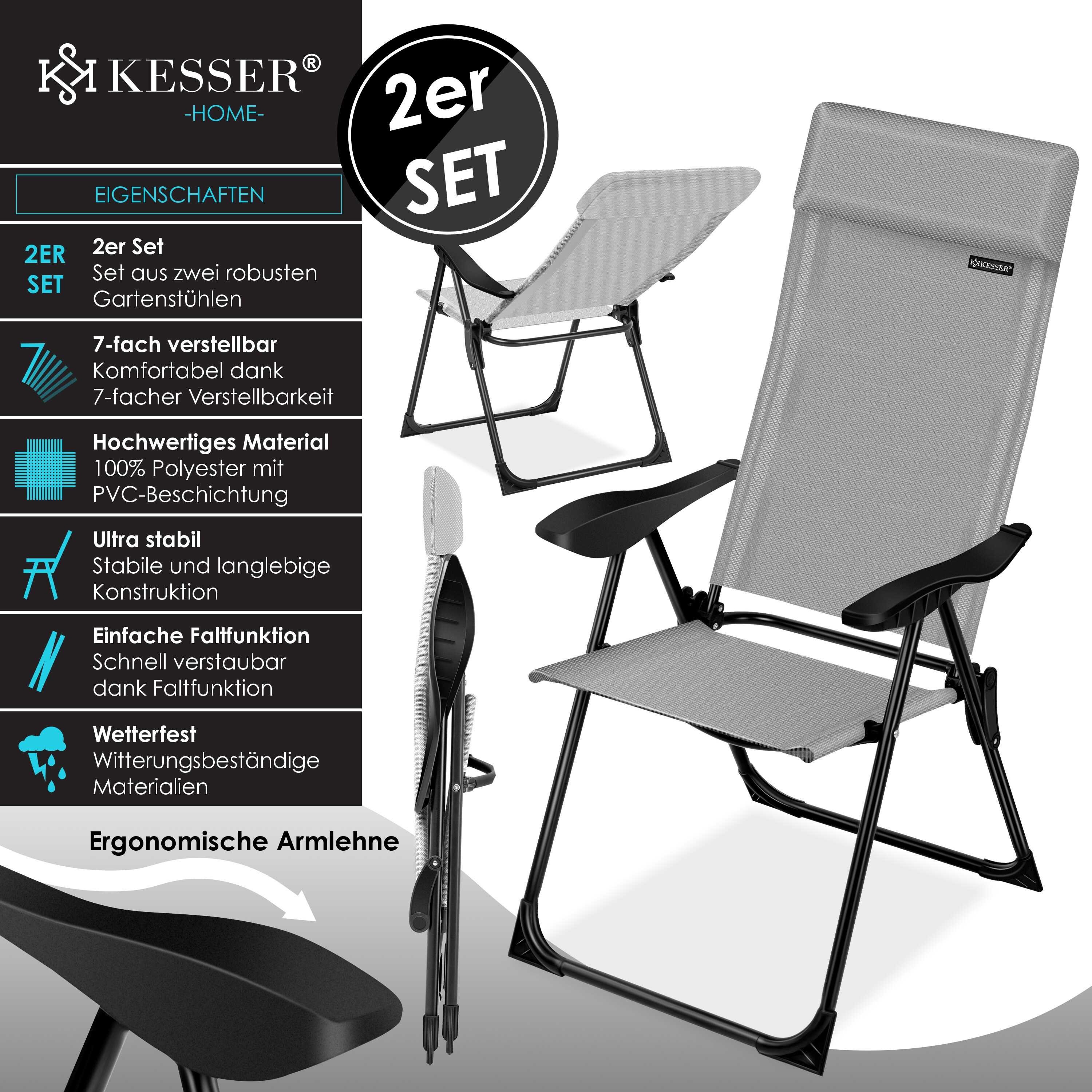 KESSER® 2er Set Gartenstuhl Hochlehner Alu Klappstuhl 7-Fach Verstellbar mit Armlehnen Atmungsaktiv klappbar Campingstuhl Balkonstuhl Klappsessel Garten Terrasse