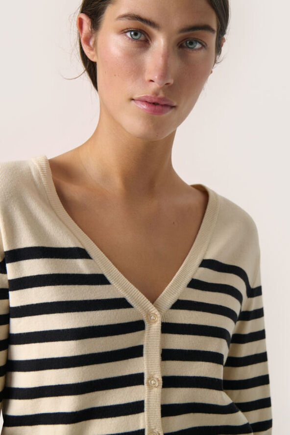 Soaked in Luxury SLPina V-Neck Cardigan White with black stripe
