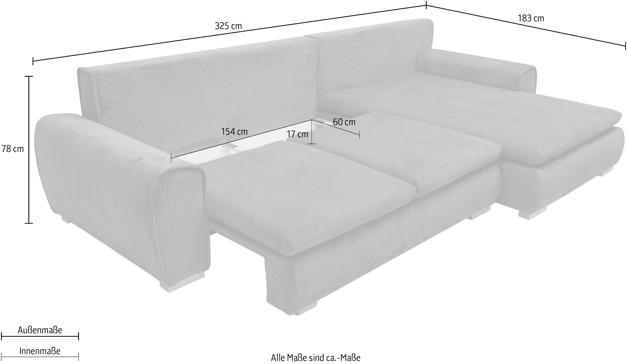 Home affaire Ecksofa »Katja L-Form, B: 325 cm« mit Bettfunktion, Bettkasten & 4 Zierkissen