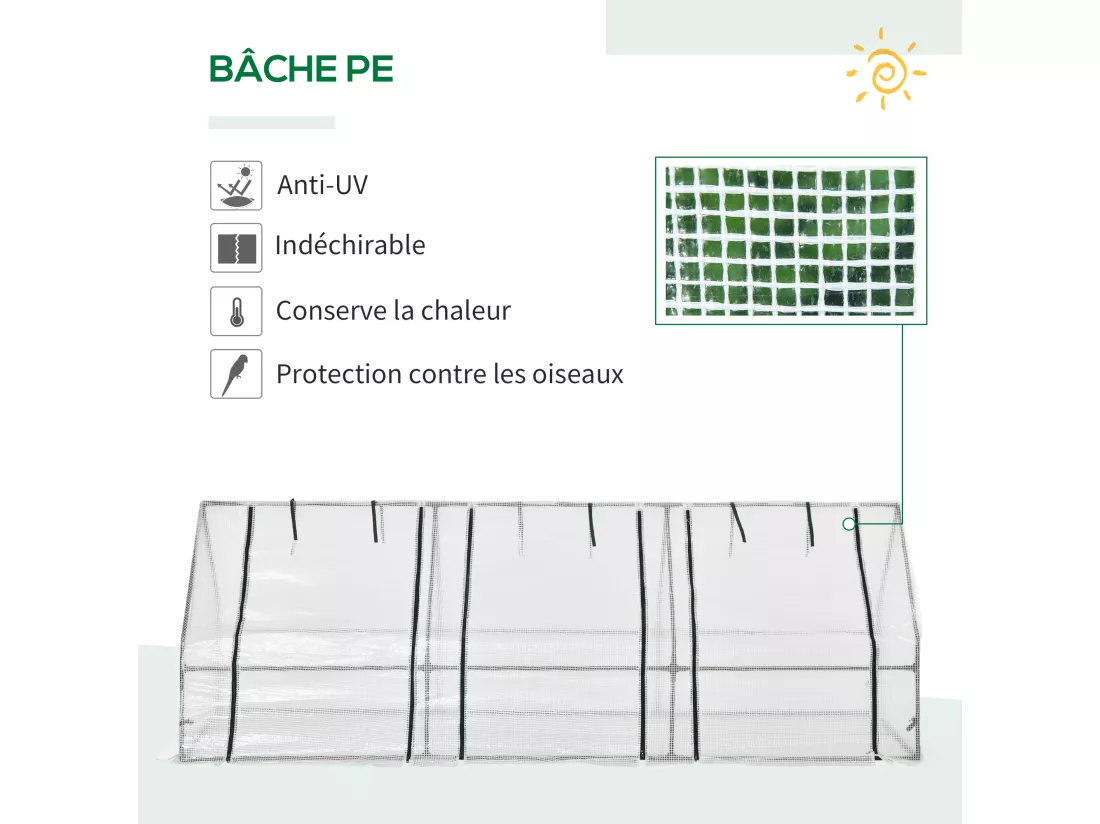 Mini serre de jardin serre à tomates 270L x 90l x 90H cm acier PE haute densité 140 g/m² anti-UV 3 fenêtres avec zip enroulables blanc