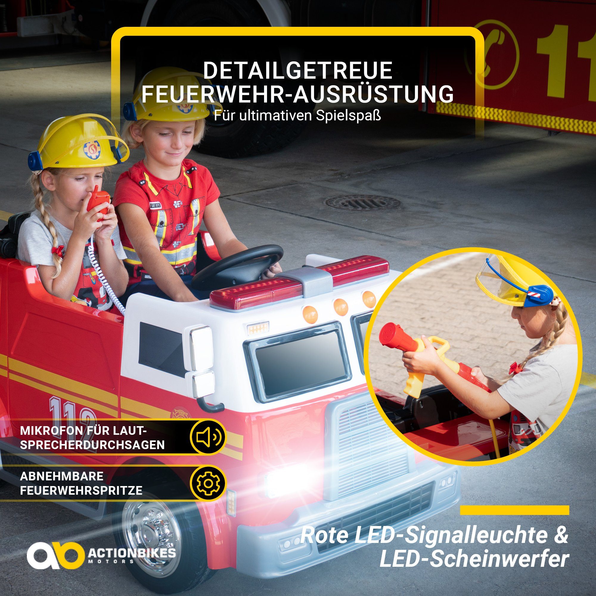 Carrinho elétrico infantil Actionbikes Motors, modelo LL911, estilo bombeiro, com controle remoto, seringa e sirene, capacidade de carga de 40 kg (2 peças), brinquedo infantil de dois lugares a partir de 3 anos de idade.